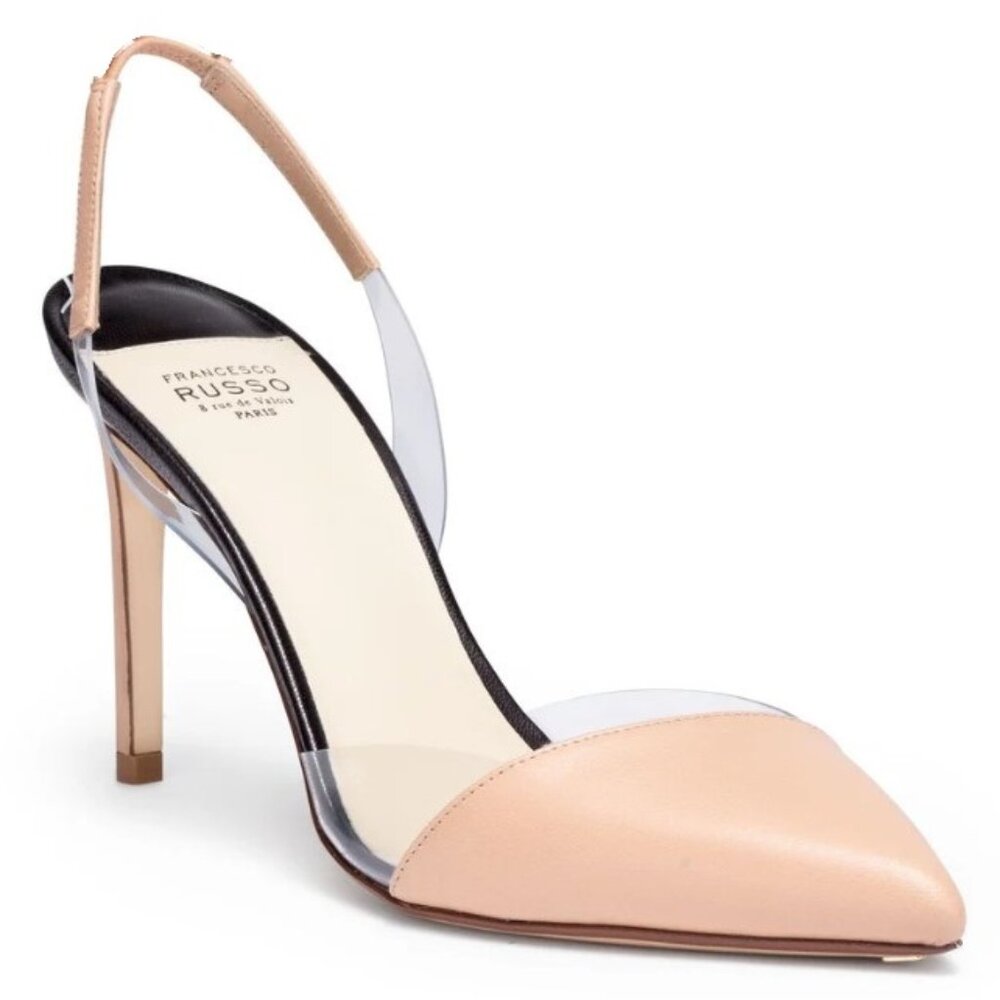 Francesco Russo 90 mm Leather & PVC Sling Backs - Size 37.5 - NEW IN BOX
